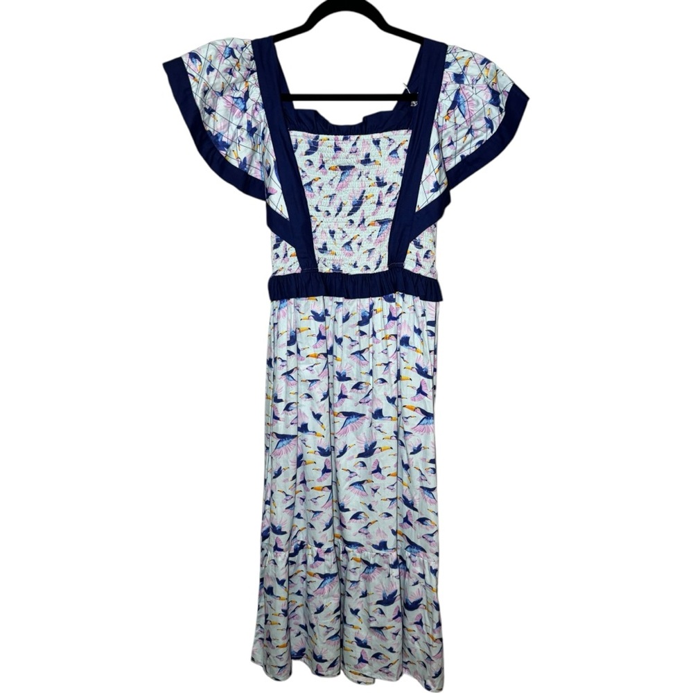 Briton Court Toucan Maxi Dress Flutter Sleeve Smocked Cotton NWT Small - Picture 2 of 7
